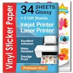 Premium Printable Vinyl Sticker Paper for Inkjet &amp; Laser Printer - 34 Sheets Sel