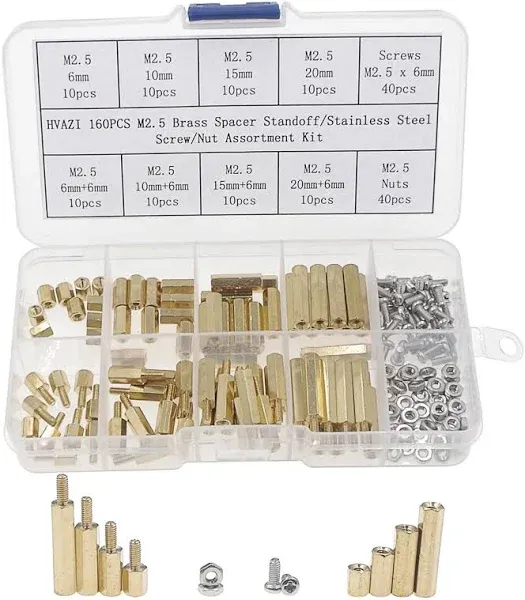 HVAZI 160pcs M2.5 Brass Spacer Standoff/Stainless Steel Screw/Nut Assortment