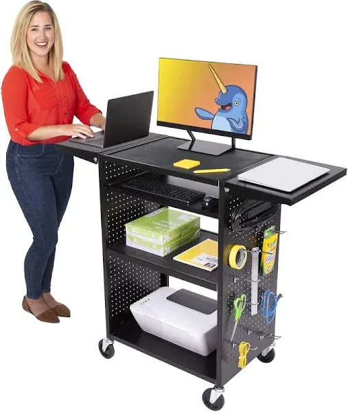 Line Leader Stellar AV Cart | Reimagine Your Teacher Cart with Revolutionary Pegboard Siding & 12 Movable Peg Hooks for Customizable Storage | UL Safety Certified Mobile Workstation & Computer Cart