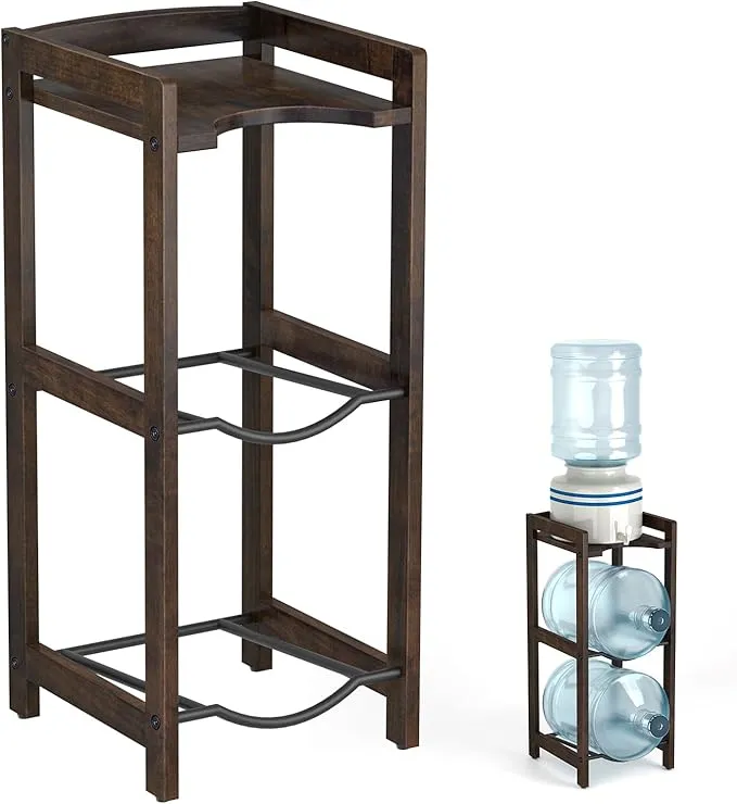 5 Gallon Water Jug Holder with Top Shelves, Natural Solid Wood Water Dispense...