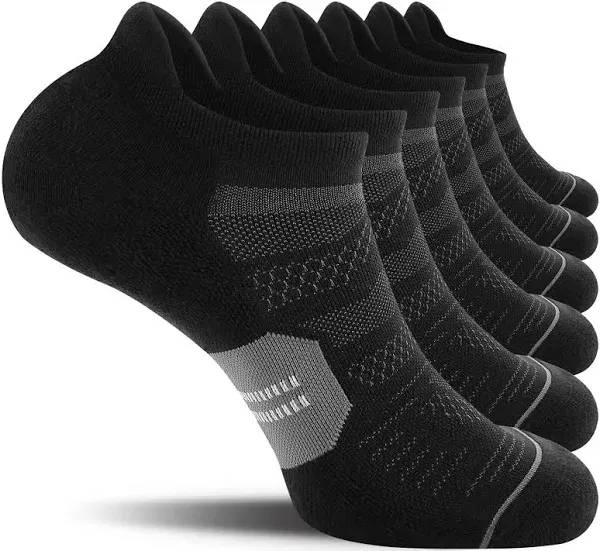 CELERSPORT 6 Pack Men's Running Ankle Socks with Cushion, Low Cut Athletic Sport Tab Socks, Black, Shoe Size: 9-12