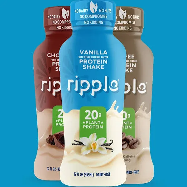 Ripple Vegan Protein Shake | Variety Pack | 20g Nutritious Plant Based Pea Protein | Shelf Stable | No GMOs, Soy, Nut, Gluten, Lactose | (12 Fl Oz (Pack of 12), Variety Pack)