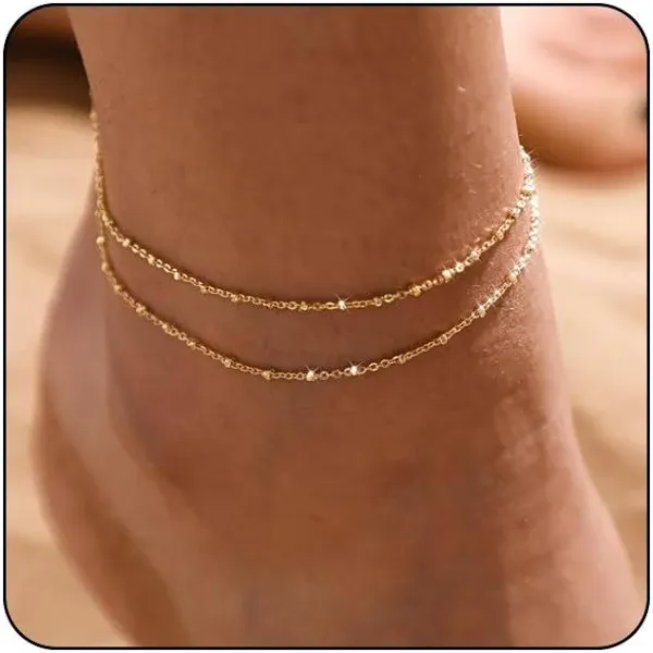 MIDEEO Gold/Silver Ankle Bracelets for Women,14K Gold Anklets for Women Waterproof Cuban Link Heart Beads Herringbone Rhinestone Anklets Set Layered Anklet Bracelets for Women Gold Jewelry Gift