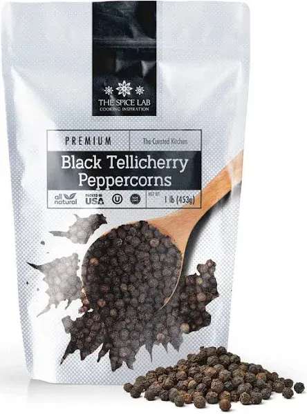 The Spice Lab - Black Tellicherry Peppercorns for Grinder Packed in the USA - Steam Sterilized Kosher Non-GMO All Natural Black Pepper 5015 (4 oz Resealable Bag)