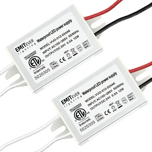 EMITEVER 24Volt LED Power Supply Driver 12W 2-Pack, ETL Listed Waterproof IP6...