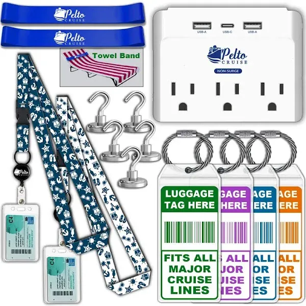 Cruise Essentials 2024 Must Haves - Cruise Luggage Tags Holder, Cruise Approved Non-Surge Power Strip, Magnet Hooks, Lanyard for Ship Cards, Towel Bands. Cruise Accessories Works with All Cruise Lines