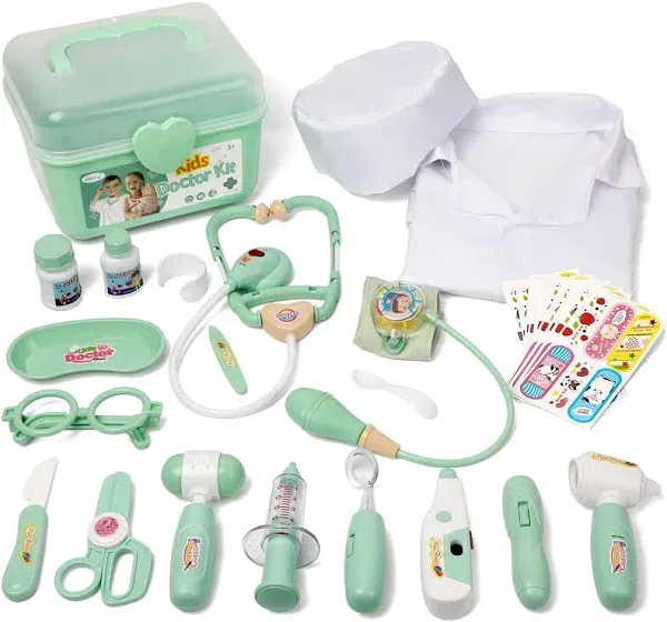 Liberry Doctor Kit for Toddlers 3 4 5 Years Old, 30-Piece Kid Doctor Toy with Stethoscope, Costume, Green Medical Pretend Play Gift for Girls Boys