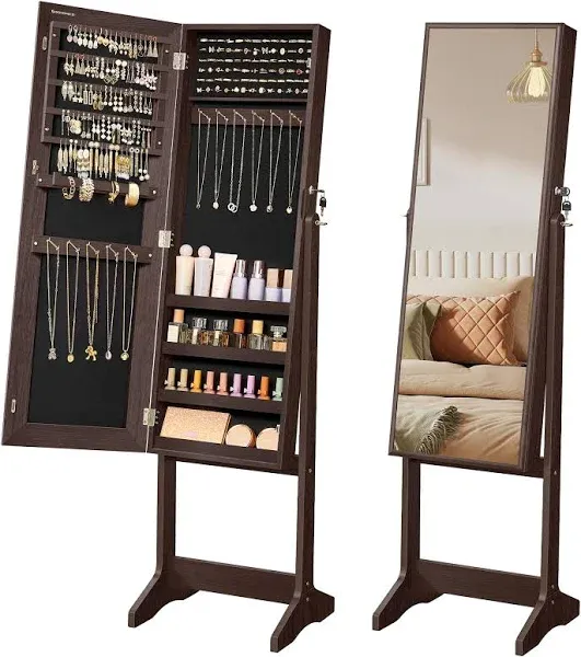 SONGMICS Mirror Jewelry Cabinet Armoire, Standing Full-Length Mirror, Lockable Jewelry Organizer, Gift Idea, Brown Surface and Black Lining UJJC69BR