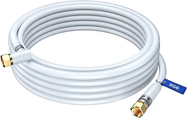 Coaxial Cable RG6 (20 feet, White) Quad Shield Straight Male to 90 Degree Angled Male F-Type Connector with 2 Way Splitter, Couplers, Nail Cable Clips