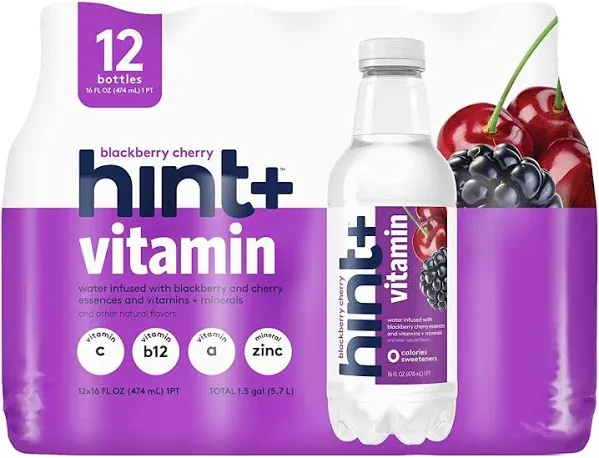 Hint+ Vitamin Blackberry Cherry, Water Infused with Blackberry & Cherry, Vitamin Boost, 50% Daily Value Vitamin C, A, B12, Zinc, Zero Sugar, Zero Calories, Zero Diet Sweeteners, 16 Fl Oz (Pack of 12)