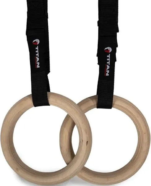 Titan Fitness 32mm Wood Olympic Gymnastic Rings - 1.5&#034; W Heavy Duty Thick Straps