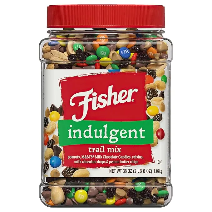 Fisher Snack Indulgent Trail Mix, 38 Ounces, Peanuts, Milk Chocolate Candies, Raisins, Milk Chocolate Drops, Peanut Butter Chips