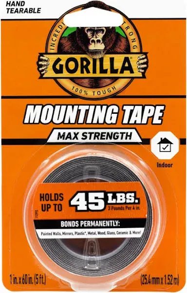 Gorilla® Max Strength Mounting Tape, Double-Sided, Instant Hold, Permanent Bond with Reinforced Strength, 1 inch x 60 inches, Black (Pack of 1)