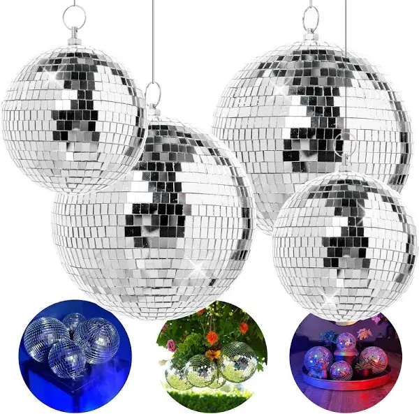 Pack of 4 Large Disco Balls - Disco Ball Set - Hanging Disco Balls Decor - Large Disco Ball for Room Decoration Different Sizes Bulk Disco Ball Centerpiece (6 inch and 12 inch)