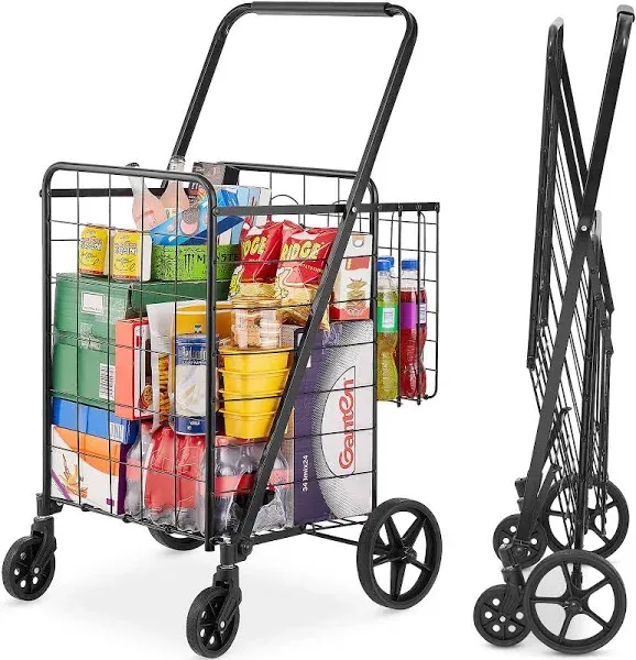 Folding Shopping Cart, Jumbo Grocery Cart with Double Baskets, 360° Swivel