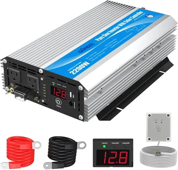 GIANDEL 2200W Pure Sine Wave Power Inverter 12V DC to 110V 120V AC with 20A Solar Charge Control Lithium Battery Compatible and Remote Control&LED Display for RVs Truck Off Grid Solar System