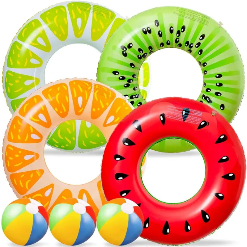 7PCS Fruit Pool Floats Watermelon Kiwi Orange Lemon Rings with Beach Balls