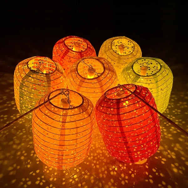 Aiminjey 12pcs Chinese Paper Lanterns with LED Lights, Hollow Out Hanging Asia Japanese Paper Lamps with Tassels Walking Sticks 8 in Lanterns for