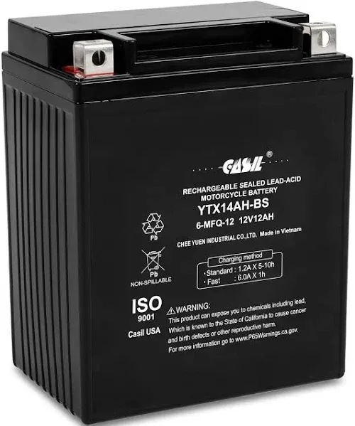 YTX14AH - 12 Volt 12AH 210 CCA - High Performance Maintenance Free SLA AGM Power Sport Battery - Casil Battery, YTX14AH-BS