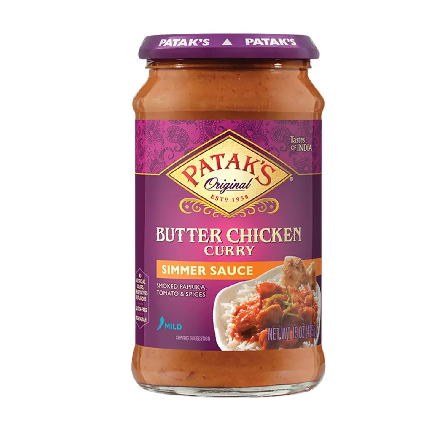 Patak's Butter Chicken Simmer Sauce - 15 oz (Pack of 3) with Tomato, Cream and Spices, No Artificial Flavors, Gluten Free, Vegetarian Friendly