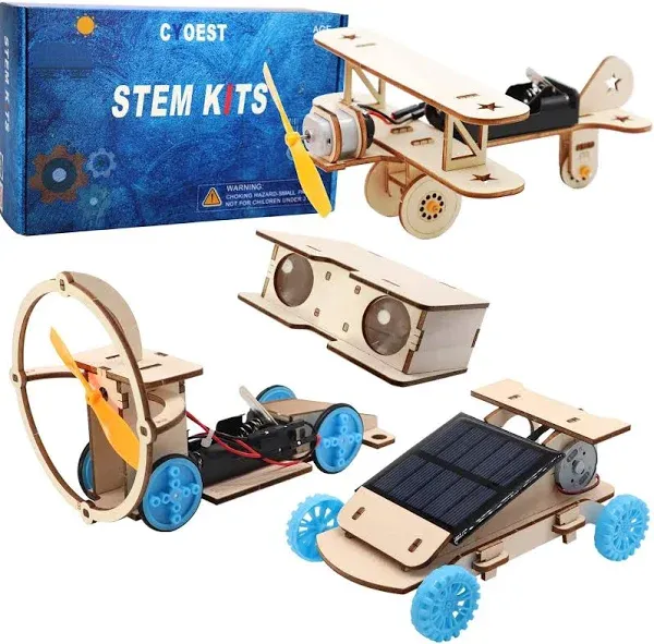 DIY Wooden Science Experiment Model Kit Solar Power Car,Electric Motor Biplane Glider,Toy Binoculars and Wind Power Car,STEM Educational Building Project for Kids Boys & Girls,4 in 1 SetDIY Wooden Science Experiment Model Kit Solar Power Car,Electric Mot