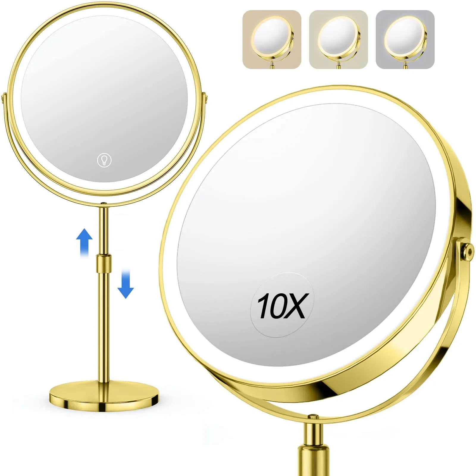 10X Large Lighted Makeup Mirror Rechargeable 8&#034; Adjustable Vanity Mirror Gold