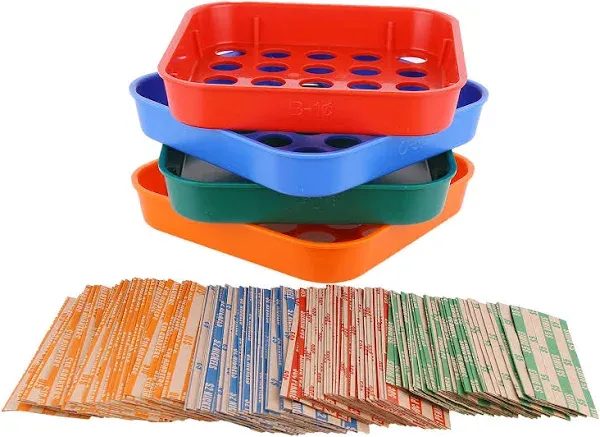 Coin Sorters Tray & Coin Counters – 4 Color-Coded Coin Sorting Tray Bundled with 56 Assorted Flat Coin Roll Wrappers for US Coins