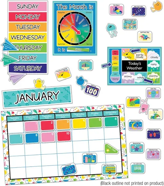 Carson Dellosa Happy Place 139-Piece Calendar Bulletin Board Set for Clasroom, Colorful Classroom Calendar with Monthly Headers, Birthday and Blank Cutouts, Weather, Seasons and Days of The Week Chart