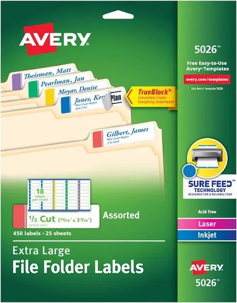 Avery X-Large 1/3-Cut File Folder Labels w/TrueBlock 15/16 x 3 7/16 WE/ASST 72782050269 | eBay