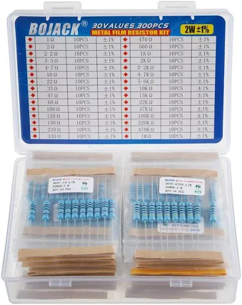 300 Pcs Resistor Kit - 30 Values 1 Ohm - 1M Ohm, 1% Tolerance, 2W Metal Film