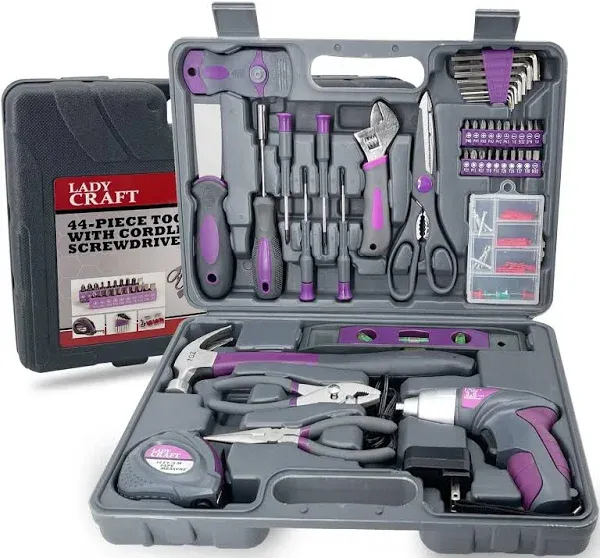 44PCS 4V Cordless Screwdriver Tool Kit Set Pink Color Tools Lady Tools Kit Home Repair Set Toolbox Hand Tool Kit Storage Case Gift Set LADYCRAFT