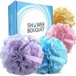 Loofah-Bath-Sponge Lace-Mesh-Set 2-Scrubs-in-1 by Shower Bouquet Large Full 60g Pouf 4 Pack Spa Colors Body Luffa Loofa Loufa Puff - Exfoliate,