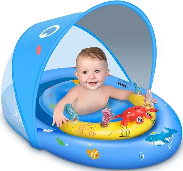 LAYCOL Baby Pool Float with UPF50+ Sun Protection Canopy &amp; Toy Play Pink