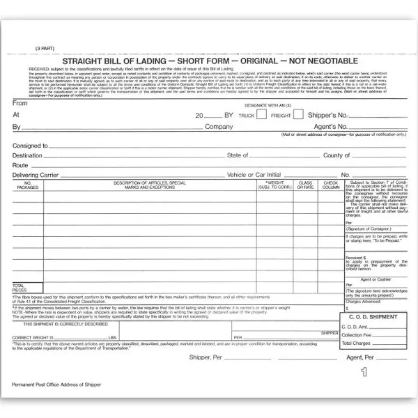 NextDayLabels - Short Form Straight Bill of Lading, 8-1/2 x 7", 3 Part NCR Carbonless White/Canary/Pink, 200 Sets