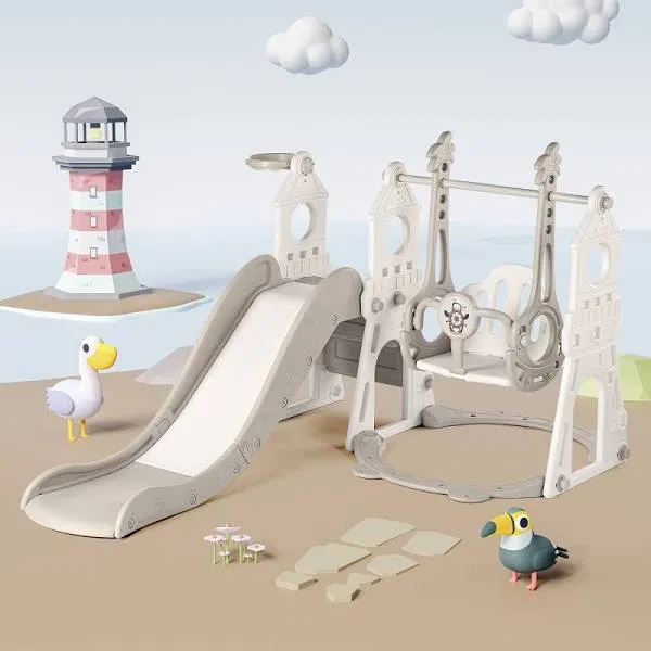 4-in-1 Kids Slide and Swing Set - Perfect for Toddlers 1-5 Years Grey and White