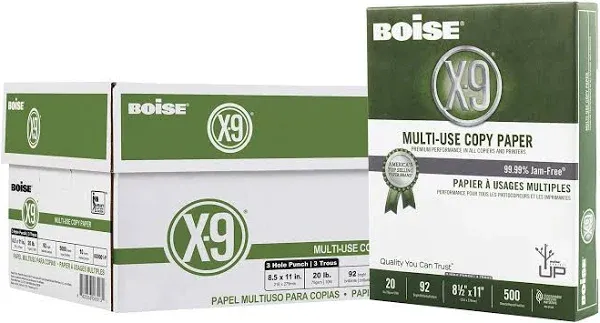 Boise X-9 Multi-Use Copy Paper, 92 Bright, 20lb, 8-1/2 x 11, White, 2500 Sheets/Carton