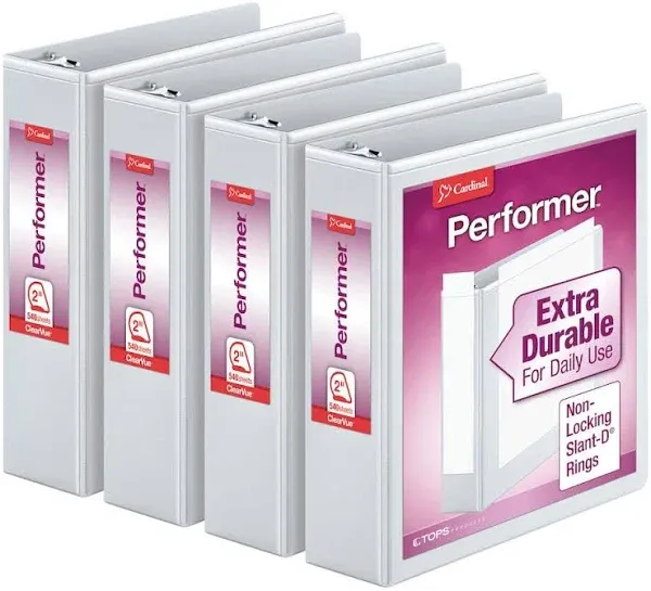 Cardinal Performer 3-Ring Binders, 1", Non-Locking Slant-D Rings, 240-Sheet Capacity, ClearVue Presentation, Non-Stick, PVC-Free, White, 4-Pack (27200)