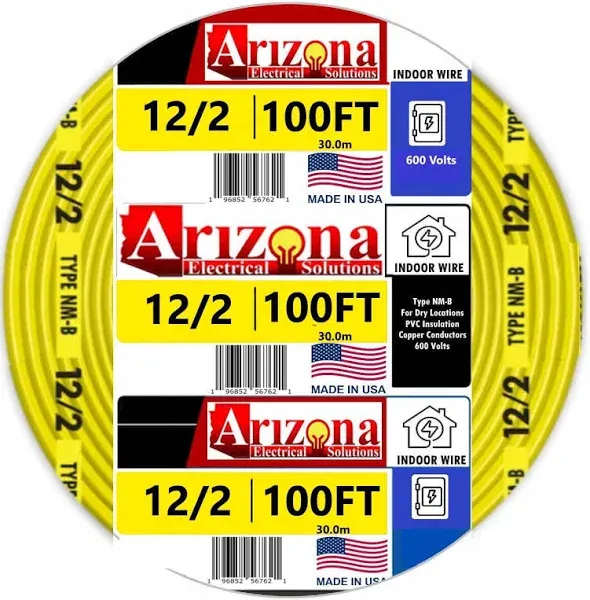 15 FEET 12/2 Type NM-B Copper. #12 AWG, 2 Conductors with Ground. Insulated Jacket Yellow