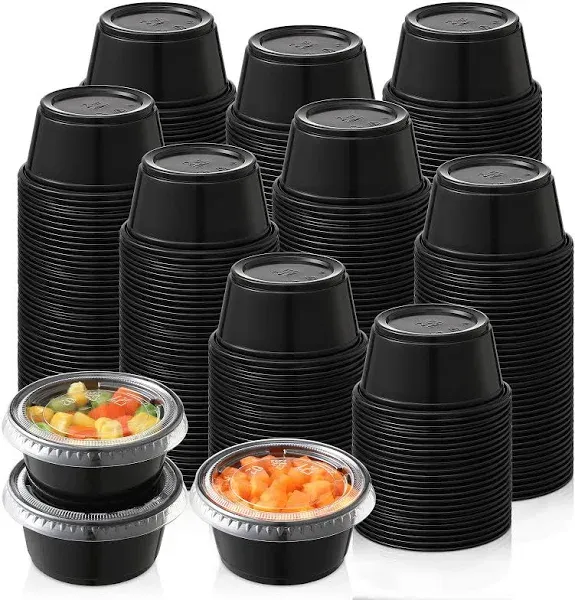 AOZITA 200-2 oz Black Jello Shot Cups, Portion Cups, Small Plastic Containers with Lids, Airtight Souffle Cups, Salad Dressing Container, Sauce Cups, Condiment Cups for Lunch, Party to Go, Trips