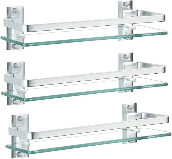 2 Pack Bathroom Glass Shelf,15.7 Inches Silver Bathroom Shower Glass Shelf Wall-