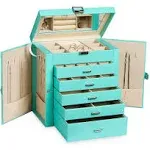 Frebeauty Large Jewelry Box,6-Tier PU Leather Jewelry Organizer,Multi-functional Storage Case with Mirror,Accessories Holder with 5 Drawers for Necklace Bracelets Watches(Turquoise)