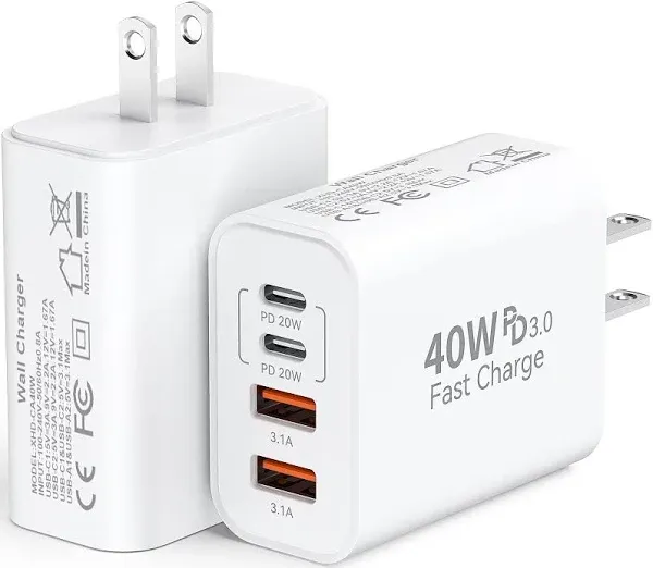 2 Pack Type C Charger, Four-Port USB C Wall Plug 40W PD &amp; QC3.0 USB A Fast Ch...