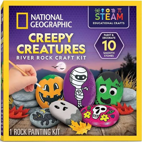 National Geographic Creepy Creatures Rock Painting Kit - Halloween Arts & Crafts Kit for Kids, Decorate 10 River Rocks with 10 Paint Colors & More