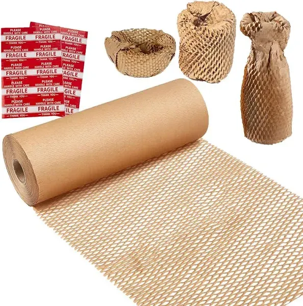 Honeycomb Packing Paper Wrap 15"x200' Sustainable Alternative to Bubble Cushioning Wrap for Moving/shipping/packing Roll with 20 Fragile Sticker Biodegradable & Fully Recylable