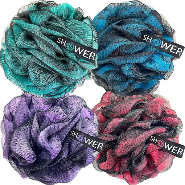 SHOWER BOUQUET Loofah-Charcoal Bath-Sponge-Blue-Green XL-75g Extra Large 4 Pack, Soft Mesh Color & Black Set, Loufa Puff - Exfoliating Body Scrubber for Women and Men: Soothing Exfoliator