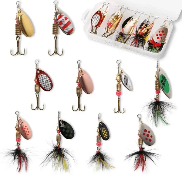 10pcs Fishing Lure Spinnerbait, Bass Trout Salmon Hard Metal Spinner Baits Kit with Tackle Boxes