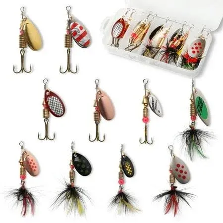 GMYLE 10pcs Fishing Lure Spinnerbait Bass Trout Salmon Hard Metal Spinner Baits Kit with Tackle Boxes