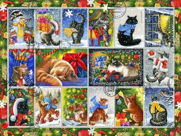  Christmas Cat Stamps Jigsaw Puzzle 550 Piece 