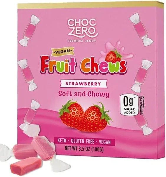 ChocZero Sugar Free Strawberry Fruit Chews, All Natural Ingredients, Vegan, Keto Friendly, Soft and Chewy Candy, 3.5 Ounce Box (Pack of 1)