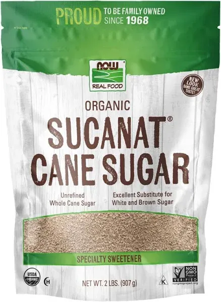 NOW Foods, Certified Organic Sucanat Cane Sugar, Powder from Pure Evaporated Cane Syrup, Excellent Substitute for White and Brown Sugar, Certified Non-GMO, 2-Pound (Packaging May Vary)